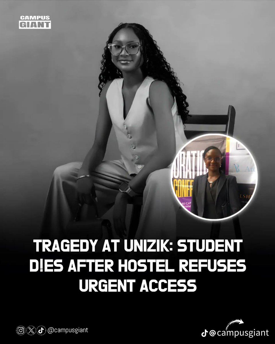 Tezslakidd's tweet image. Heartbreak at Nnamdi Azikiwe University as Miss Ajana Isabella, a 100-level law student, tragically passed away.
Isabella, who lived with diabetes, misplaced her room key at Elmada Hostel. Staff reportedly demanded 120,000 Naira before opening the door, despite her urgent pleas…