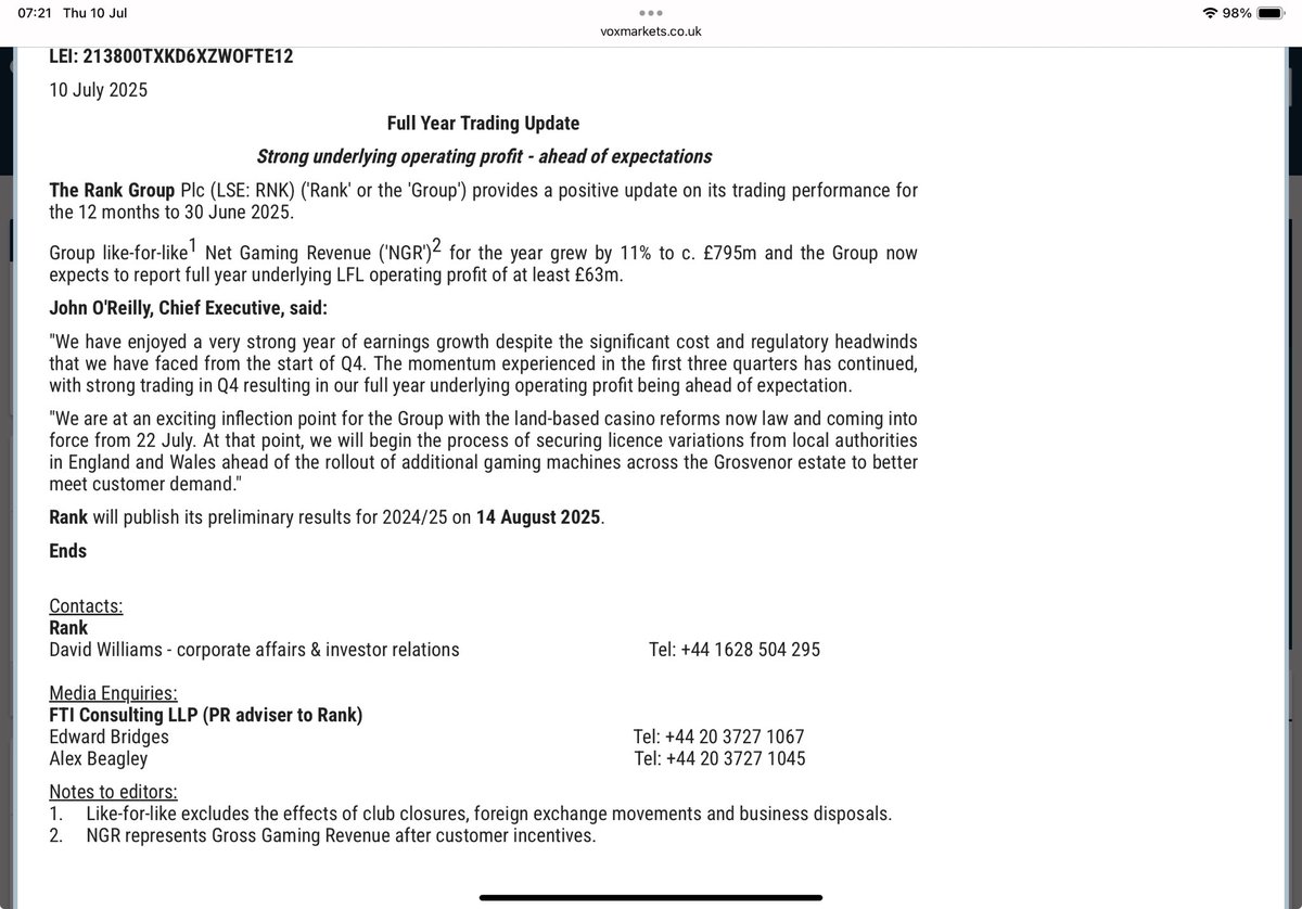 #RNK A business at an inflexion point is often worth a closer look &amp; this is the second time Rank have talked about it

Profit to be ahead of expectations too 👍

The shares are +82.1% over 1 year so shareholders have been well rewarded- how much more to go is the question🤔?