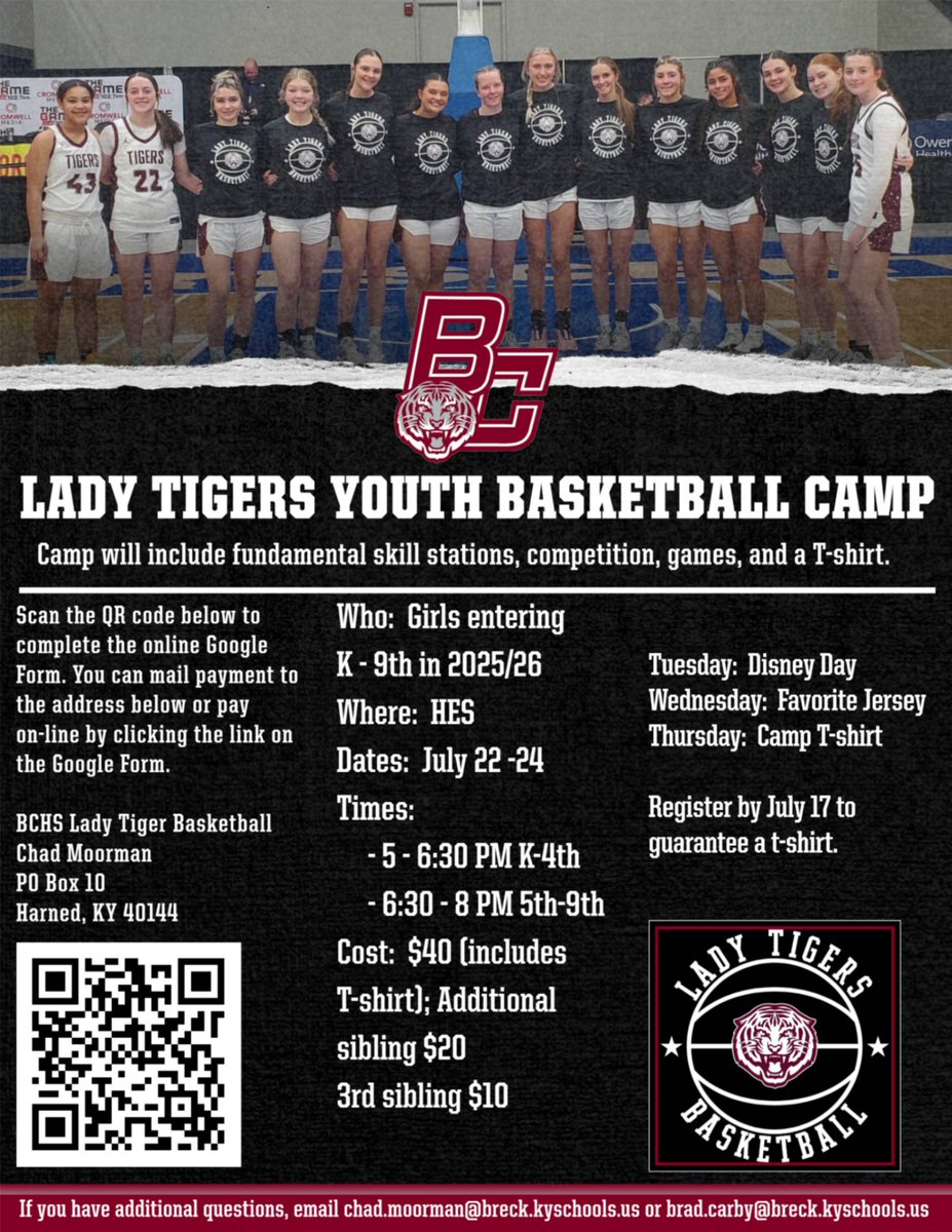 The Breckinridge County Lady Tigers Youth basketball camp is scheduled for July 22-24 at HES.  Please see the attached graphic for the details.  You can sign up and pay using the following link:

forms.gle/qCRy5DrK89ATfH…