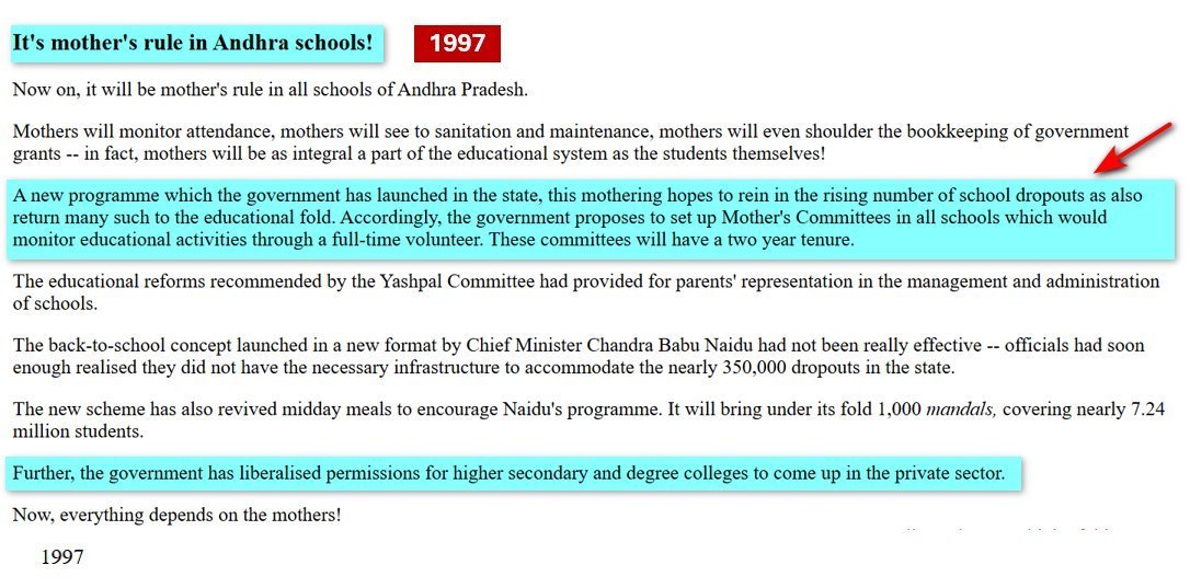 eclector1419857's tweet image. 1998 లోనే  స్కూళ్లలో  (#తెలంగాణ ప్రాంతం తో బాటుగా) #APSEM ద్వారా #PTA కమిటీ లను ఏర్పాటు చేసే సంస్కరణలను తెచ్చారు #CBN 

#Reforms 
#Education 
#PTA 
#AndhraPradesh 
#Telangana

. @SriKrishnaLavu garu FYI