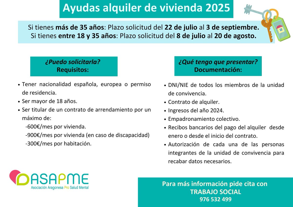 ASAPME Aragón (@asapme) on Twitter photo 🏠Abierto el plazo para solicitar las 💷ayudas al alquiler de vivienda que concede el <a href="/gobaragon/">Gobierno de Aragón</a>. Te dejamos aquí los 🗓️plazos y requisitos que debes cumplir para solicitarlas.
Si cumples los requisitos, ¡solicítala! 🏠Abierto el plazo para solicitar las 💷ayudas al alquiler de vivienda que concede el <a href="/gobaragon/">Gobierno de Aragón</a>. Te dejamos aquí los 🗓️plazos y requisitos que debes cumplir para solicitarlas.
Si cumples los requisitos, ¡solicítala!
