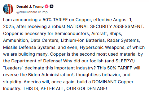 CryptoNewsHntrs's tweet photo. ⚡JUST IN: Trump posted this on Truth Social.
The 50% copper tariff is now official.
#Trump #TruthSocial #Tariffs #CopperTariff #WorldNews #CryptoNews #BreakingNews https://t.co/E835B6hbZa
