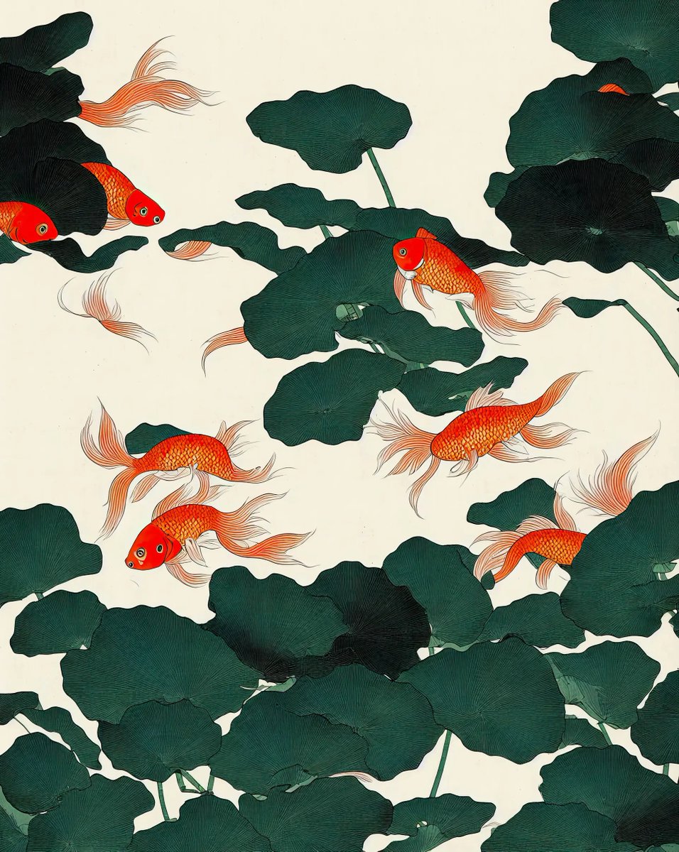 Wabi-Sabi Syntax #27 by <a href="/IDerech/">Derech 🈴</a>  and <a href="/fellowshiptrust/">Fellowship</a> 

This is another piece of the collection, I loved from the first time I've seen it. The vibrant orange goldfish together with the dark green lotus leaves on white background - minimalistic &amp; traditional East Asian style 🐠