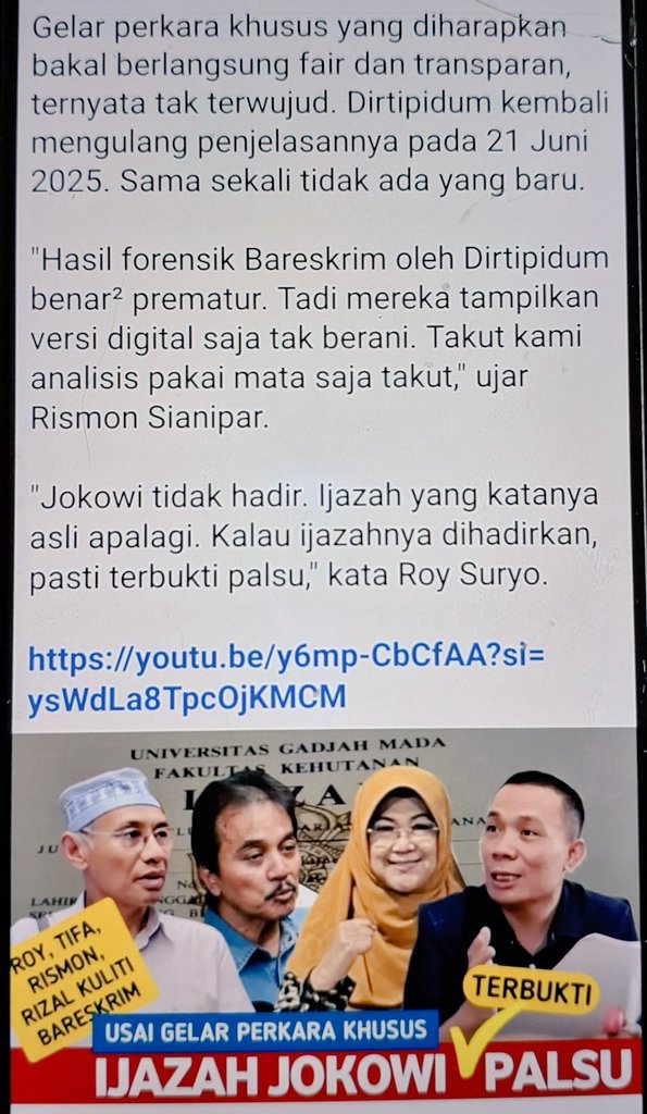 Polri tidak mampu menampilkan ijazah asli. 
Tapi rakyat dipaksa percaya ada ijazah asli. 

Analoginya jenazah di autopsi olh dokter forensik.
Tapi jenazah nya gak ada lalu disuruh percaya dg hasil autopsinya?

Sebegitu bodohnyakah rakyat Indonesia?

#IjazahpalsuJokowi