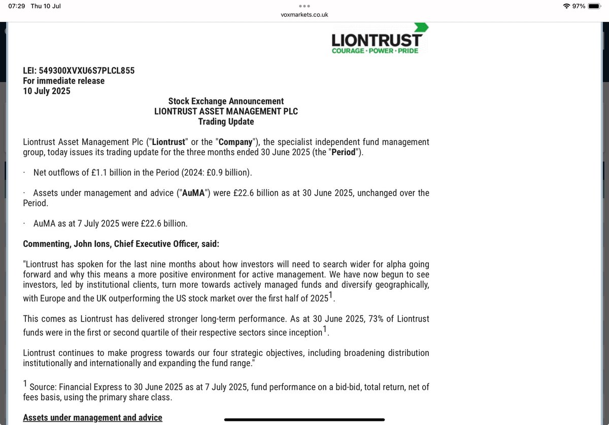 #LIO Sadly it looks as if outflows remain the name of the game for our fund managers 😢 

Liontrust £1.1bn
Polar Capital £0.6bn

I keep hoping to see green shoots 🌱 but as a well known Fund Manager reminds me, hope is no basis for an investment 🙃