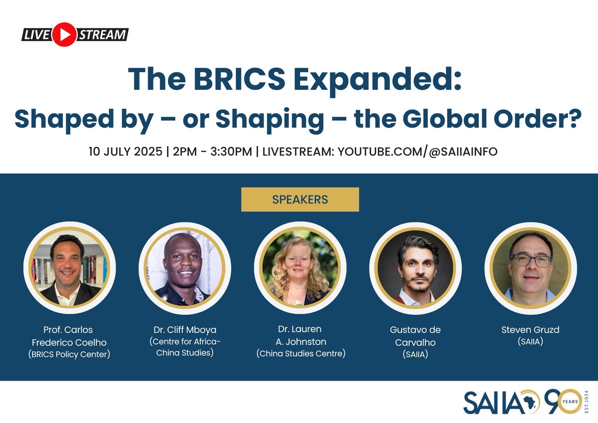 [LIVESTREAM] Join SAIIA's webinar when we explore whether BRICS is seeking accommodation within the existing global order or aiming to reshape it entirely.
 
➡️ The livestream begins at 2pm on YouTube: youtube.com/@SAIIAinfo

<a href="/SAIIAJournal/">The SAIIA Journal</a>  #BRICS #internationalrelations #G20