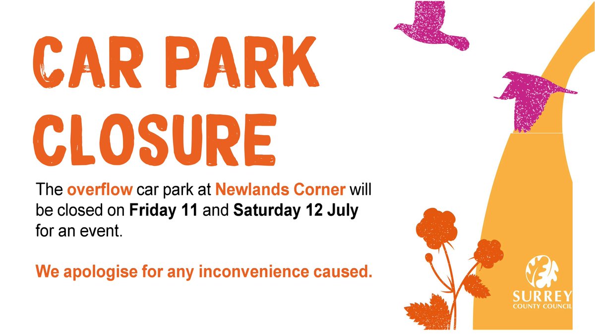 The overflow car park at Newlands Corner will be closed on Fri 11 &amp; Sat 12 July for an event. The main car park is open &amp; has plenty of spaces available. 🌳

We apologise for any inconvenience caused &amp; appreciate your understanding 😊

#NewlandsCorner #ParkingUpdate #EventNotice