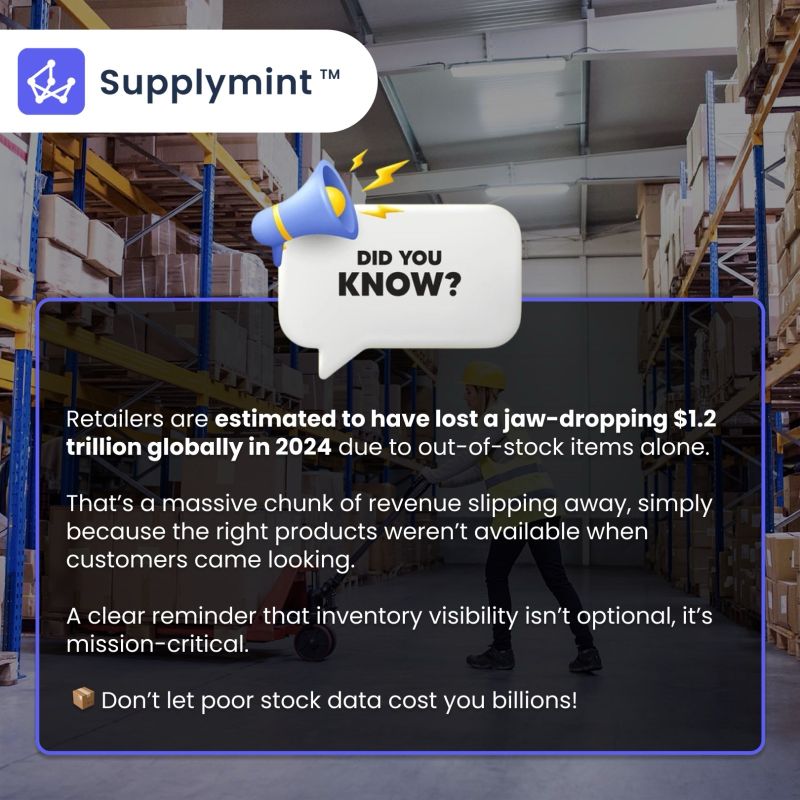 supplymint's tweet image. Retailers lost $1.2T in 2024 due to out-of-stock items. That’s not just lost sales — it’s lost opportunity.

Supplymint helps brands stay in stock &amp;amp; in control with real-time visibility, smart procurement &amp;amp; auto-replenishment.

🔗 Learn more: supplymint.com/contact

#SupplyChain