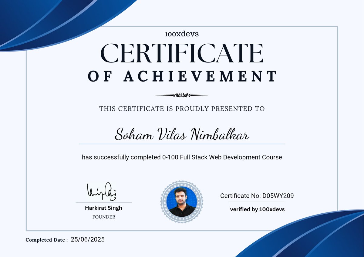 Soham Nimbalkar (@n_soham_) on Twitter photo 🎉 Just completed the 0–100 Full Stack Web Dev course with #100xDevs by <a href="/kirat_tw/">Harkirat Singh</a>
💻 Node.js, React, Next.js, Docker, AWS, Kafka, WebRTC, Redis, WebSockets, Prometheus, Grafana, gRPC, Pub/Sub, DevOps & more.
🛠️ Built scalable, prod-ready apps!
GitHub: bit.ly/100XDevs 🎉 Just completed the 0–100 Full Stack Web Dev course with #100xDevs by <a href="/kirat_tw/">Harkirat Singh</a>
💻 Node.js, React, Next.js, Docker, AWS, Kafka, WebRTC, Redis, WebSockets, Prometheus, Grafana, gRPC, Pub/Sub, DevOps & more.
🛠️ Built scalable, prod-ready apps!
GitHub: bit.ly/100XDevs