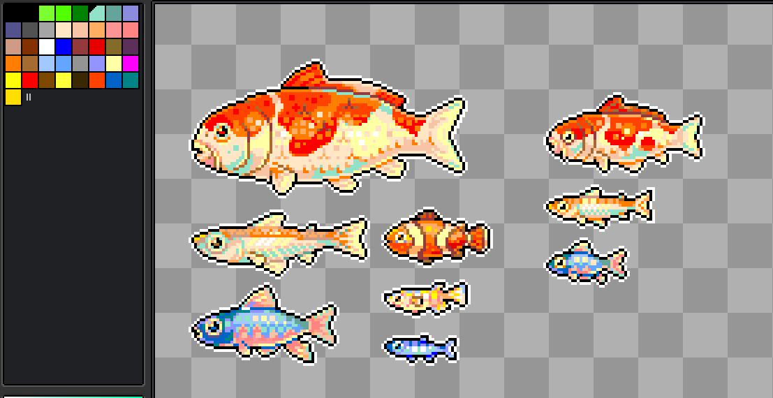tacocrepe's tweet image. some fish friends, drawn using a modified gbc palette #pixelart