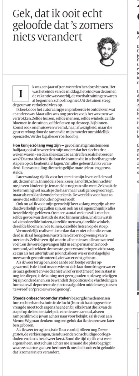 Kees Tinga (@keestingeling) on Twitter photo ‘Ik was een jaar of negen en we reden het dorp binnen. Het was het einde van de middag, het eind van de zomer, de vakantie was voorbij, de voetbaltrainingen waren al begonnen, school nog niet. Uit de tuinen steeg de geur van verkolend vlees op.’ #column <a href="/FHeinen/">Frank Heinen</a> #Volkskrant ‘Ik was een jaar of negen en we reden het dorp binnen. Het was het einde van de middag, het eind van de zomer, de vakantie was voorbij, de voetbaltrainingen waren al begonnen, school nog niet. Uit de tuinen steeg de geur van verkolend vlees op.’ #column <a href="/FHeinen/">Frank Heinen</a> #Volkskrant