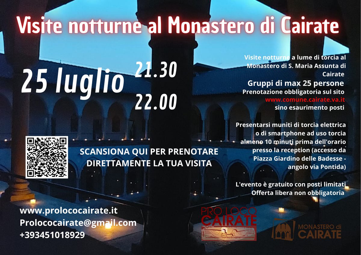 VISITE NOTTURNE AL MONASTERO - ULTIMI POSTI 

👉 Nello scorso post il qr code risultava non scansionabile. Ci scusiamo per l'inconveniente 

👉 Dovessero sussistere ancora problemi potete prenotare direttamente all'indirizzo web comune.cairate.va.it