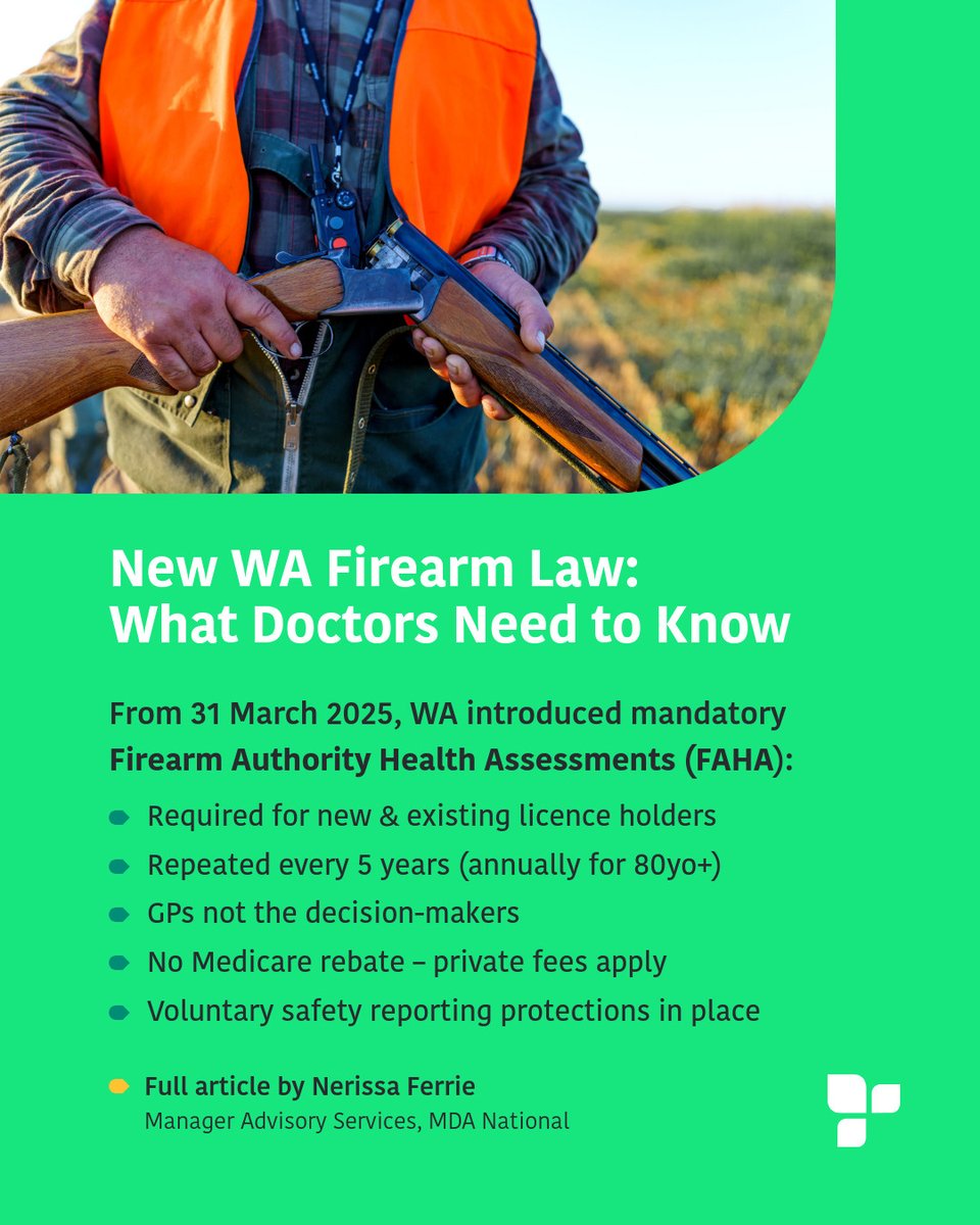 New WA Law: Firearm Health Assessments Now Mandatory

From 31 March 2025, doctors in Western Australia may be asked to complete a Firearm Authority Health Assessment (FAHA) for both new and existing firearm licence holders.

·         FAHAs must be done by an AHPRA-registered