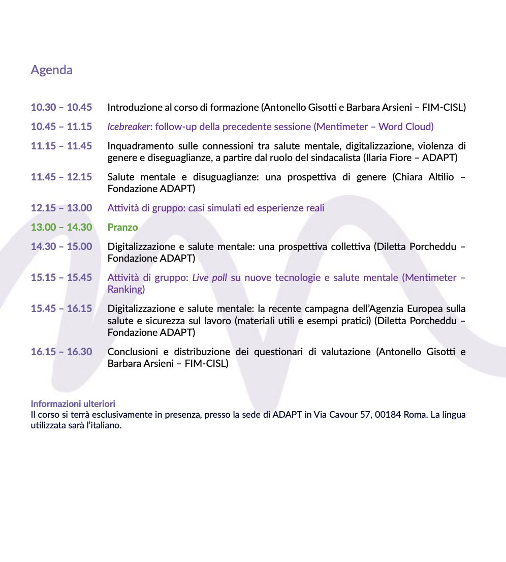 Margherita Roiatti (@margheroi) on Twitter photo Oggi a Roma, II sessione formativa del progetto <a href="/Increme_n_tal/">Increme(n)tal Project 🇪🇺</a> per delegati/e <a href="/UnionFim/">Fim Cisl International Union 🇪🇺🇪🇺🇪🇺</a>
🔎Focus: #salutementale, #digitalizzazione, #diseguaglianze, dinamiche di #genere
🎓 Teaching faculty <a href="/adaptland/">ADAPTLAND</a>: <a href="/DPorcheddu/">Diletta Porcheddu</a> <a href="/ilariafiore_/">Ilaria Fiore</a> <a href="/chialtilio/">Chiara Altilio</a>
ℹ️ adapt.it/incremental/ Oggi a Roma, II sessione formativa del progetto <a href="/Increme_n_tal/">Increme(n)tal Project 🇪🇺</a> per delegati/e <a href="/UnionFim/">Fim Cisl International Union 🇪🇺🇪🇺🇪🇺</a>
🔎Focus: #salutementale, #digitalizzazione, #diseguaglianze, dinamiche di #genere
🎓 Teaching faculty <a href="/adaptland/">ADAPTLAND</a>: <a href="/DPorcheddu/">Diletta Porcheddu</a> <a href="/ilariafiore_/">Ilaria Fiore</a> <a href="/chialtilio/">Chiara Altilio</a>
ℹ️ adapt.it/incremental/