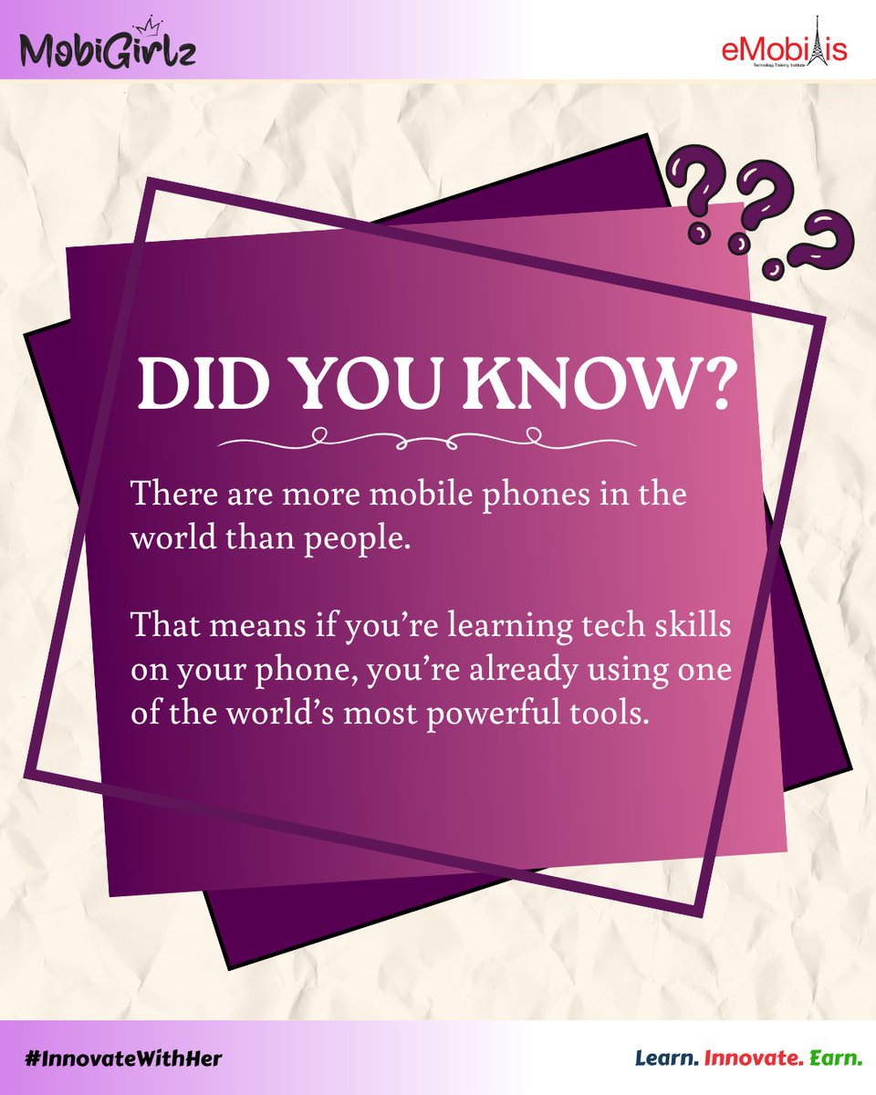 MobbiGirlz's tweet image. DID YOU KNOW?
There are more mobile phones in the world than people. If you're using your phone to learn, create or explore tech, you're already ahead. It's your tool for growth, impact & innovation.
#MobiGirlz #TechFunFact #InnovateWithHer