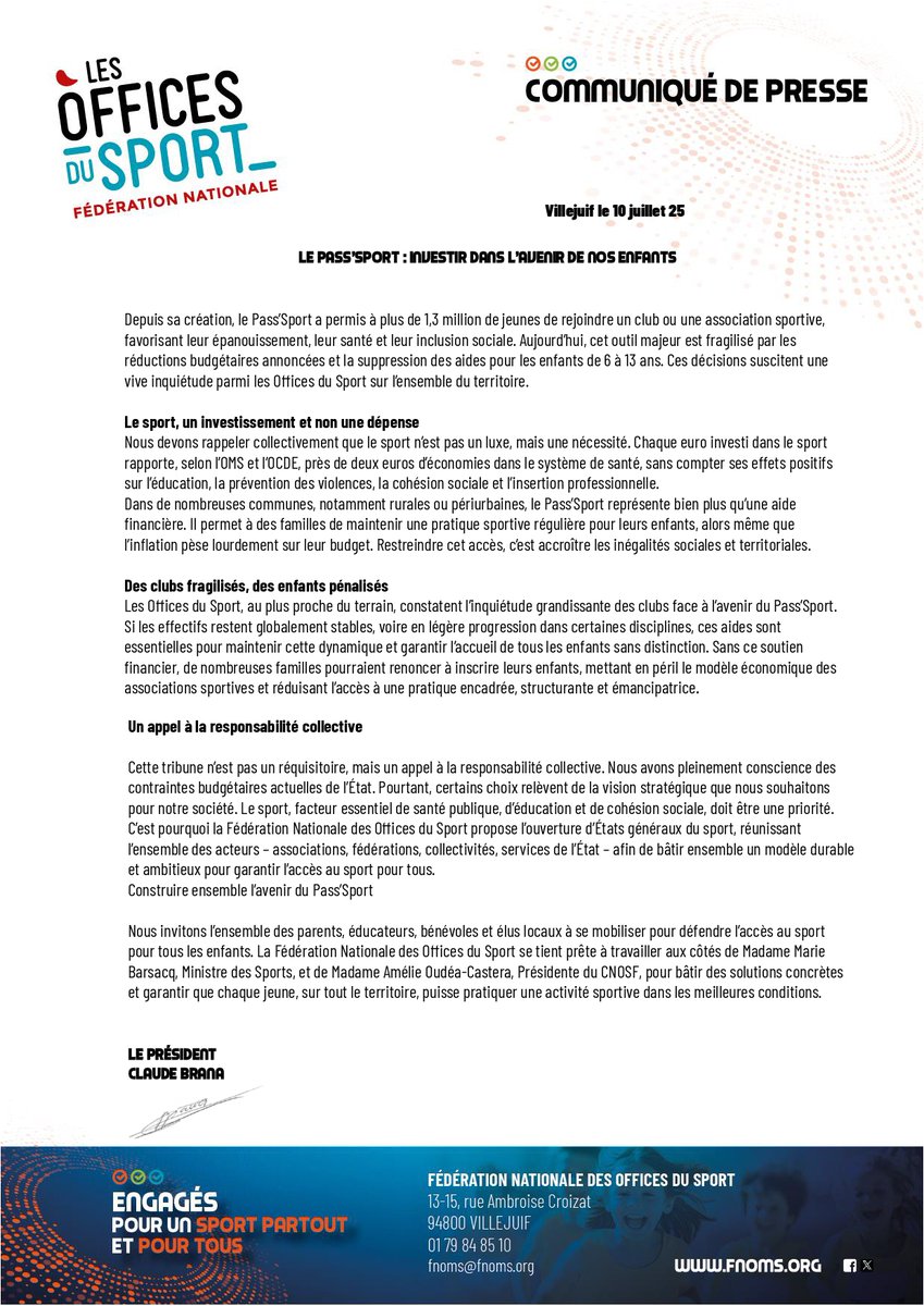 Pass’Sport – Tribune de la FNOMS
Le #PassSport a permis à +1,3 million d’enfants d’accéder à un club. Aujourd’hui, il est fragilisé.

La FNOMS appelle à des États généraux du sport pour garantir l'accès au sport pour tous.
✊ Lire notre tribune ⬇️
