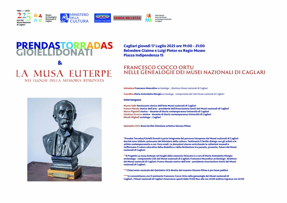 Giovedì 17 luglio dalle 19:00 alle 21:00 vi aspettiamo ai #MuseiNazionaliCagliari presso il Belvedere Giaime e Luigi Pintor, Ex Regio Museo in piazza Indipendenza, per “Prendas Torradas. Gioielli donati” e “La Musa Euterpe nei luoghi della memoria ritrovata”.
👉Ingresso gratuito