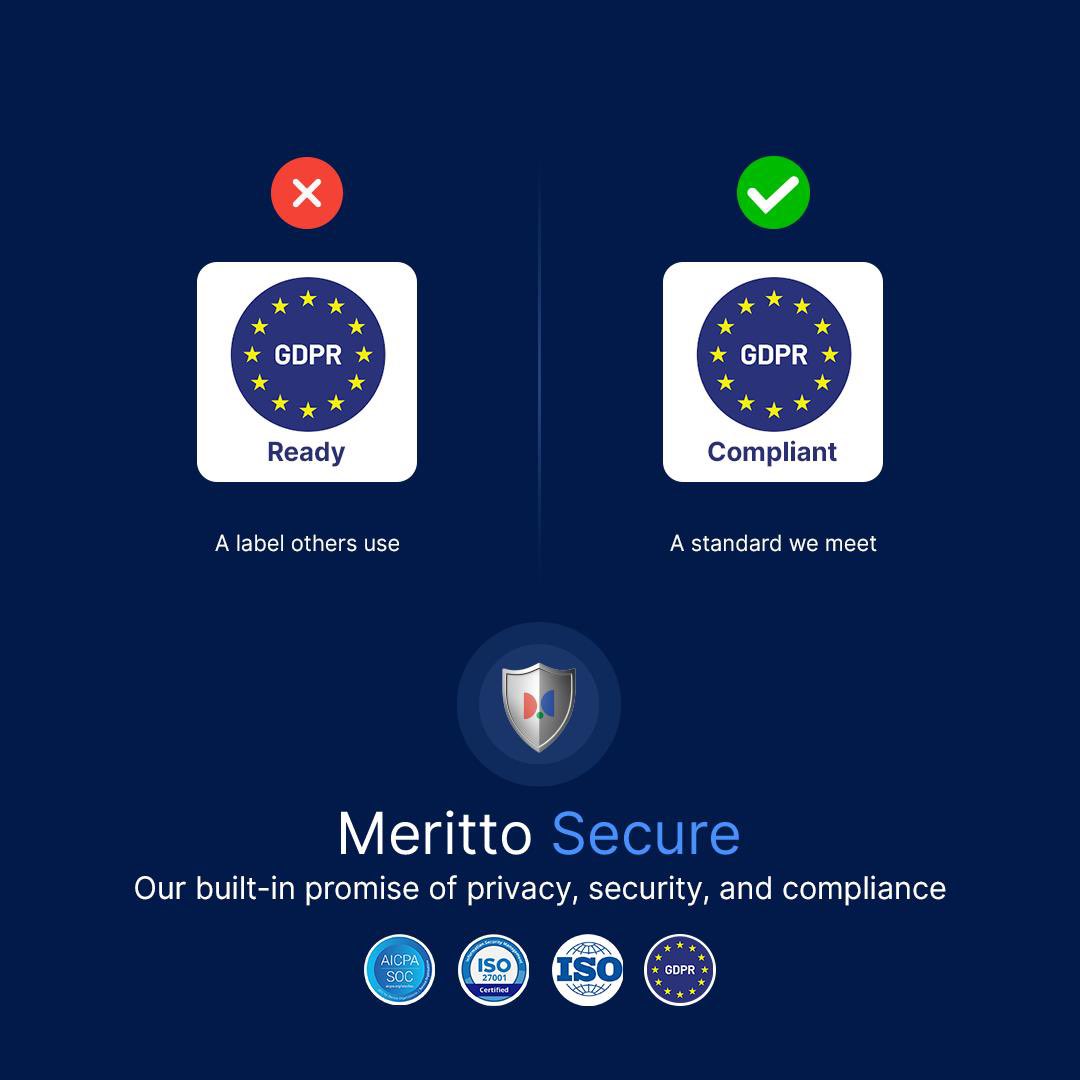 we’re now GDPR Compliant. Unlike the vague “GDPR Ready” tag others love to flaunt, we meet the actual standard 
✅ ISO 27001
✅ SOC 2 Type II
✅ now - GDPR Compliant

Meritto Secure is more than just a shield , It’s our built-in promise of privacy, security, and accountability