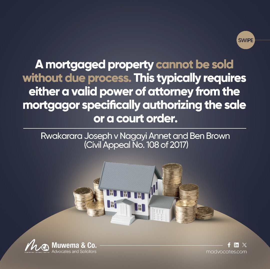 MuwemaLaw's tweet image. A recent Court of Appeal case discussed the validity of mortgaged property sales and re-emphasized that such property cannot be sold without due process.
Learn more: bit.ly/44zTkPC