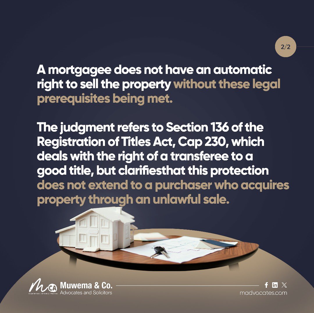 MuwemaLaw's tweet image. A recent Court of Appeal case discussed the validity of mortgaged property sales and re-emphasized that such property cannot be sold without due process.
Learn more: bit.ly/44zTkPC