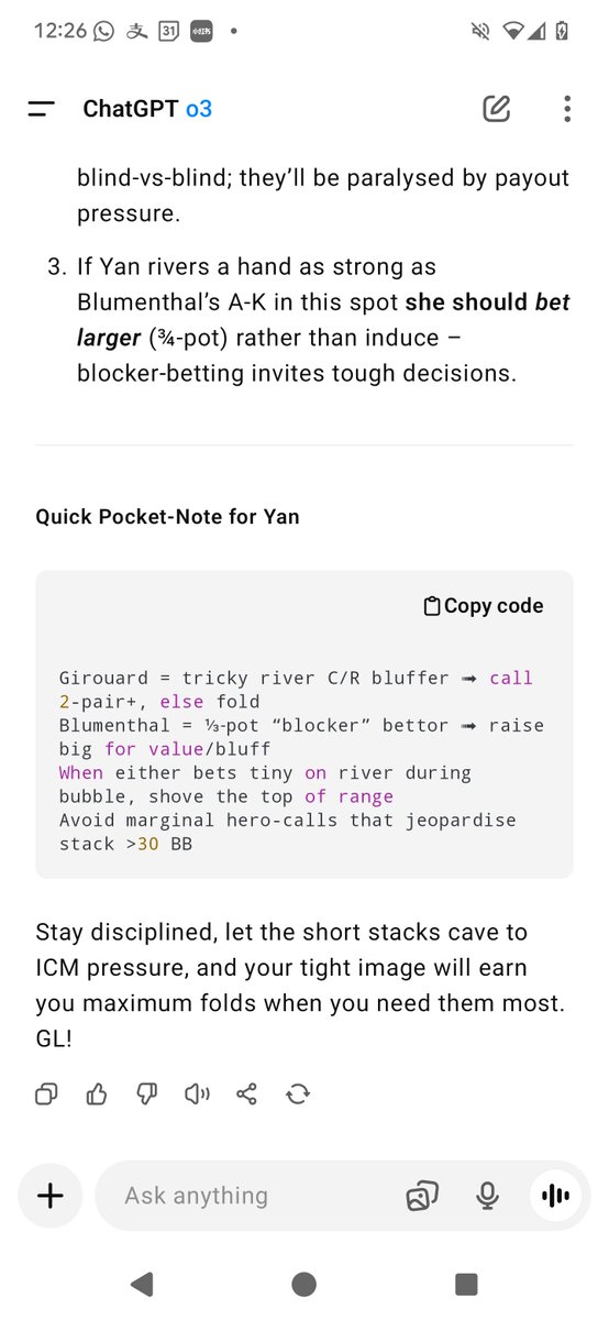 fishyingpoker's tweet photo. I asked ChatGPT to analyze live streams, and its bubble strategy helped my friend Yan cash in the 2025 WSOP Main Event. #ChatGPT #o3model #AIpokercoach https://t.co/XrRU1Mbjo7