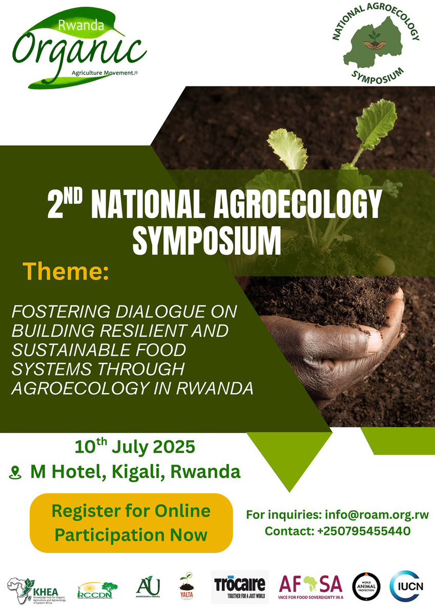 🌿 The Day Is Here!
The 2nd National Agroecology Symposium kicks off TODAY! 🎉

From policy to practice, youth to research — we're shaping Rwanda’s sustainable food systems together.

For online participation, register here: docs.google.com/forms/d/e/1FAI…