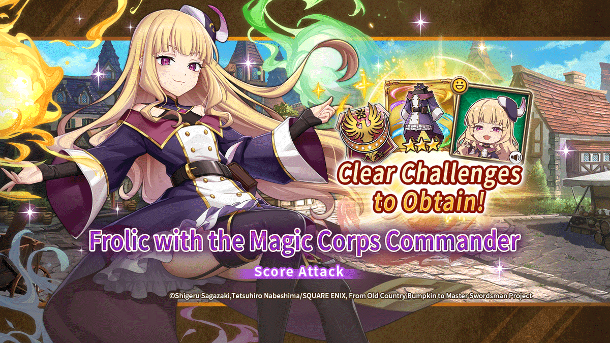 vconnect_en's tweet image. Current Event Info!
⚔️Score Attack⚔️
Frolic with the Magic Corps Commander
Clear Challenges for a collab-exclusive voiced Stamp and Badge!
See how much damage you can deal to Lucy, the foremost mage of the entire kingdom!
#ValkyrieConnect
#bumpkin_anime