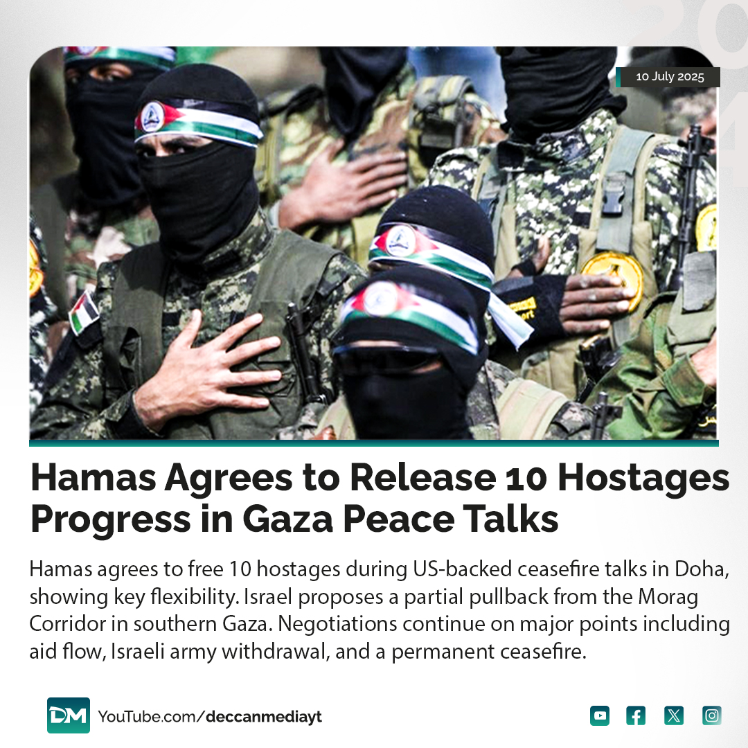deccanmediaa's tweet image. Breaking! 

Hamas agrees to release 10 hostages in Doha peace talks. Israel proposes partial pullback from Morag Corridor. Key issues like aid &amp;amp; ceasefire still under discussion.

#GazaPeaceTalks #HamasIsrael #HostageRelease #DohaTalks #DeccanMedia