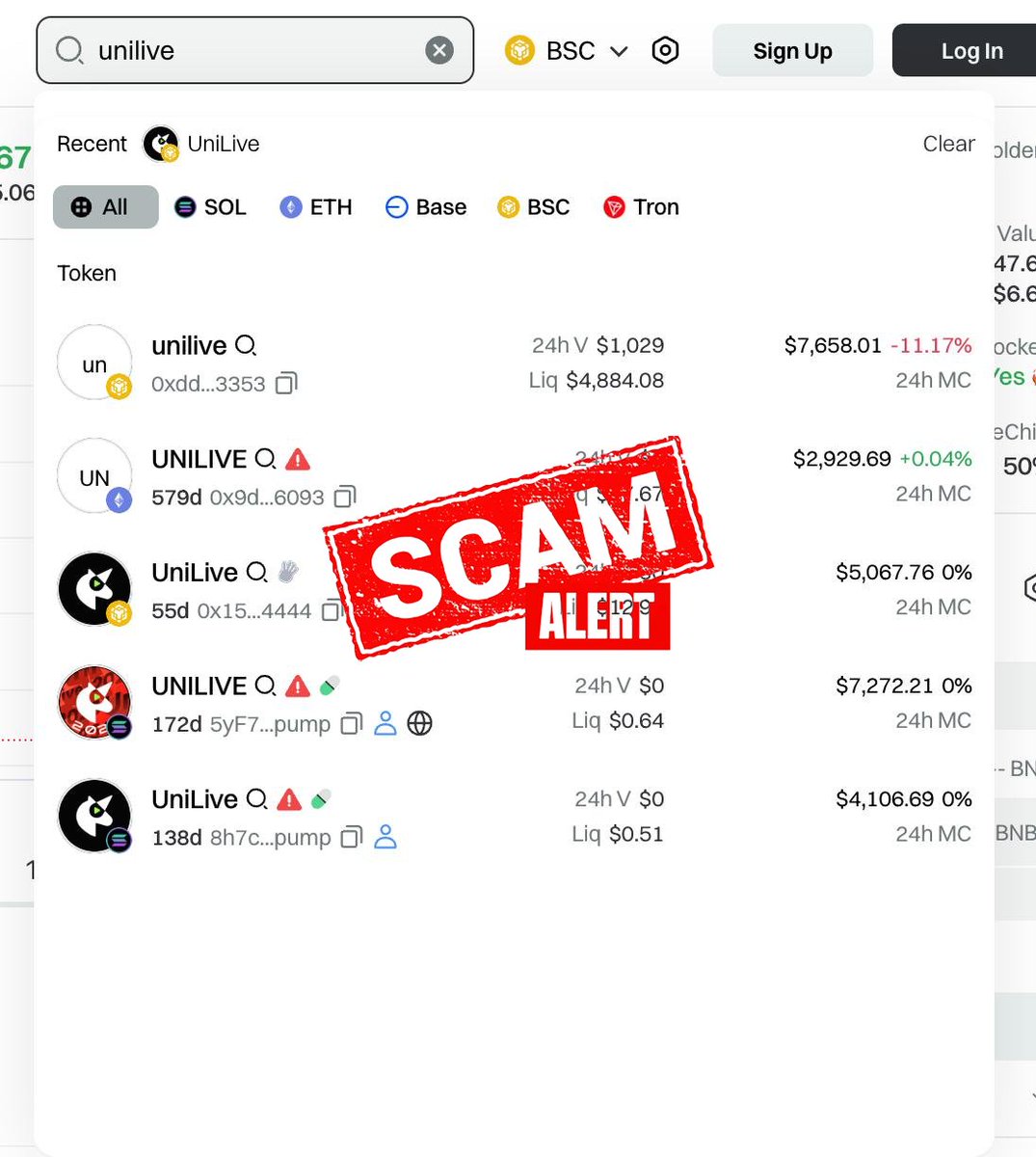 UniLive_Web3's tweet image. ‼️‼️‼️As #unilive grows aggressively, pls be aware of scams! #UniLive has NOT issued any tokens. Screenshot below is fraudulent, including five scam smart contracts:
1. 0xdda0ccf2d377ebcc4d28517dc6ea96645d213353 (BSC)
2. 0x1553e9c17615eeafe4499ba435ab163d02054444 (BSC)
3.…