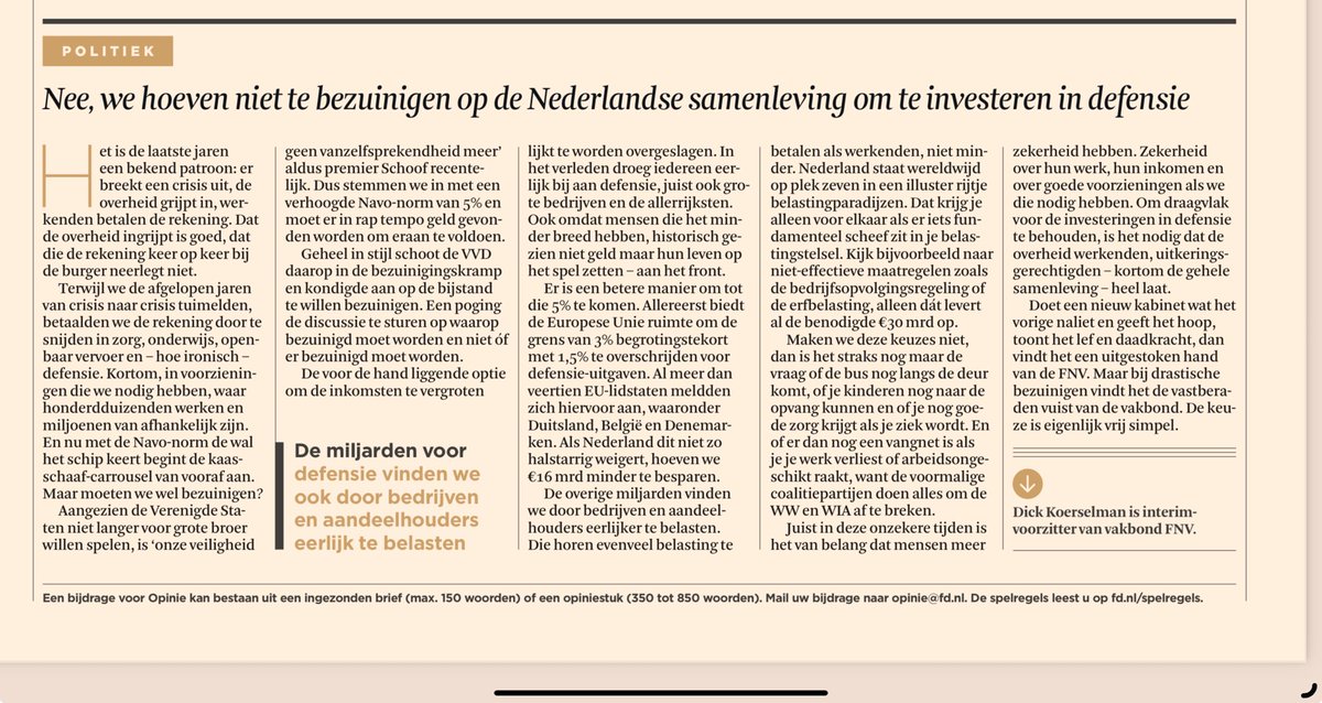 NagelWilfred's tweet image. Laat het maar aan FD over om nieuwe en scherpe inzichten te brengen. Zie hier de zoveelste socialist die meer wil lenen en bedrijven/aandeelhouders zwaarder belasten. Het een schuift de rekening naar de toekomst. Het ander remt productiviteitsgroei die we hard nodig hebben.