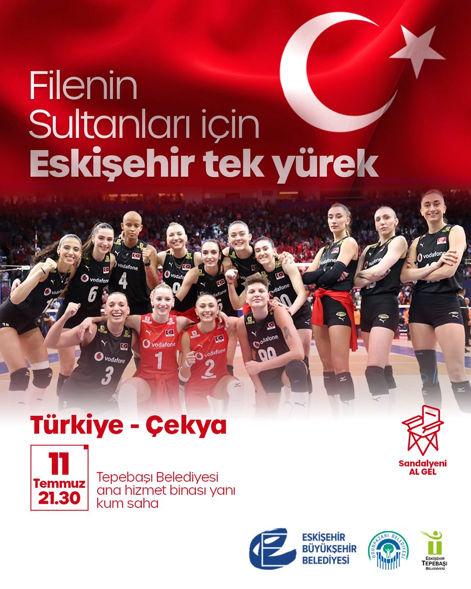Filenin Sultanları için Eskişehir tek yürek! ❤️🏐

A Milli Kadın Voleybol Takımımızın Milletler Ligi heyecanını dev ekranda birlikte yaşayalım!
11 Temmuz Cuma günü saat 21.30’da Türkiye - Çekya maçında buluşuyoruz.

📍 Tepebaşı Belediyesi Ana Hizmet Binası Yanı Kum Saha (Şahin