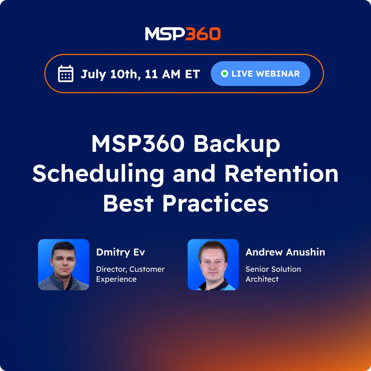 🚨 LAST CHANCE! Our live webinar "Backup Scheduling &amp; Retention Best Practices" starts TODAY.

☁️ July 10th, 11 AM ET ☁️

🔸 Real-world tips
🔸 Object Lock
🔸 Live Q&amp;A

Save your spot 👉 hubs.ly/Q03v-hS10

#Webinar #BackupBestPractices  #MSP360 #Backup #DataProtection #MSP