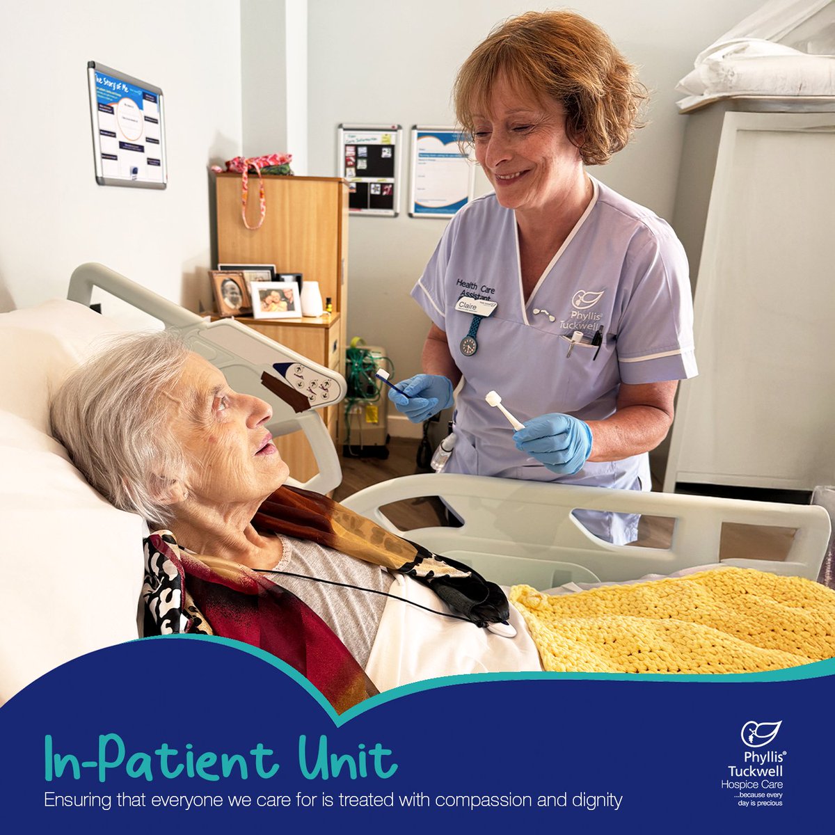 Claire, one of our health care assistants, specialises in oral hygiene, trained as a dental nurse &amp; hygienist for 35 years. Our nursing team assesses patients’ mouths &amp; uses adapted mouth care products to help keep mouths &amp; teeth clean, healthy &amp; comfortable.
#PhyllisTuckwell