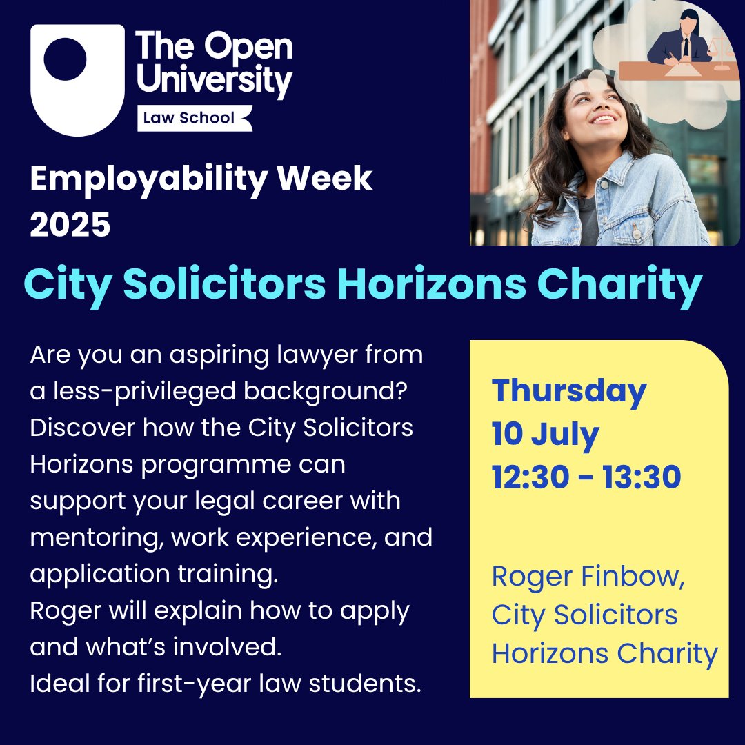 🟢🔵TODAY 12:30 🗣️💻

Are you a first-year law student from an under-represented or socially mobile background?
Join this talk to learn about City Solicitors Horizons, a programme designed to help you succeed in the legal profession.

Details here..👇
ow.ly/nizL50WgAXg