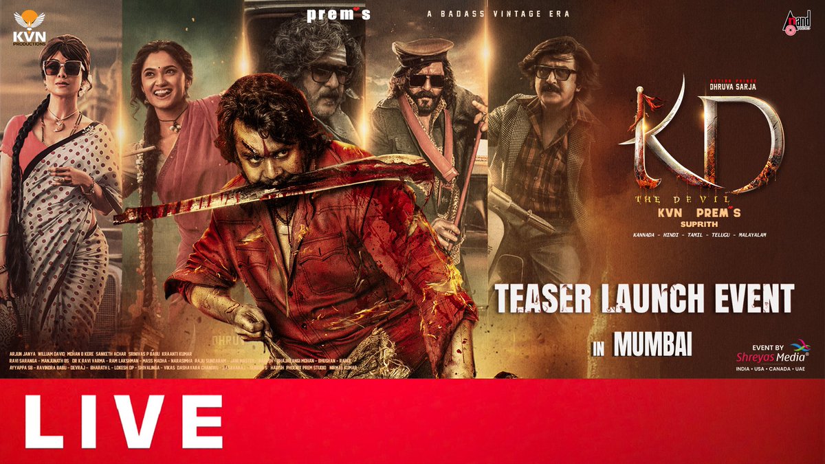 KvnProductions's tweet image. The Grand #KDTheDevil Teaser Launch Event is LIVE NOW!🤩
▶️ youtu.be/u1VEU21egqc
Teaser will be unleashed shortly ❤️
#KDTeaser #KD
@DhruvaSarja @directorprems @duttsanjay @Ramesh_aravind #VRavichandran @TheShilpaShetty #NoraFatehi @Reeshmananaiah @ArjunJanyaMusic…