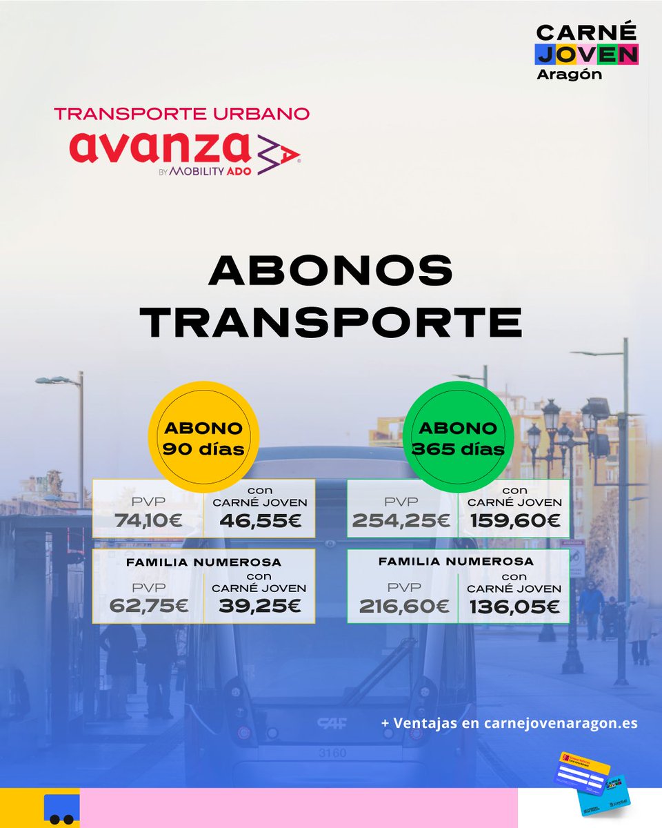 🚌💥 Muévete por Zaragoza... ¡por mucho menos con tu #CarnéJoven!
Nuevos precios súper reducidos vigentes a partir del 1 de julio de 2025

📍bus, tranvía... ¡Tú eliges cómo moverte! 👉 Más información en carnejovenaragon.es 

#CarnéJoven #transporteurbano #veranojoven