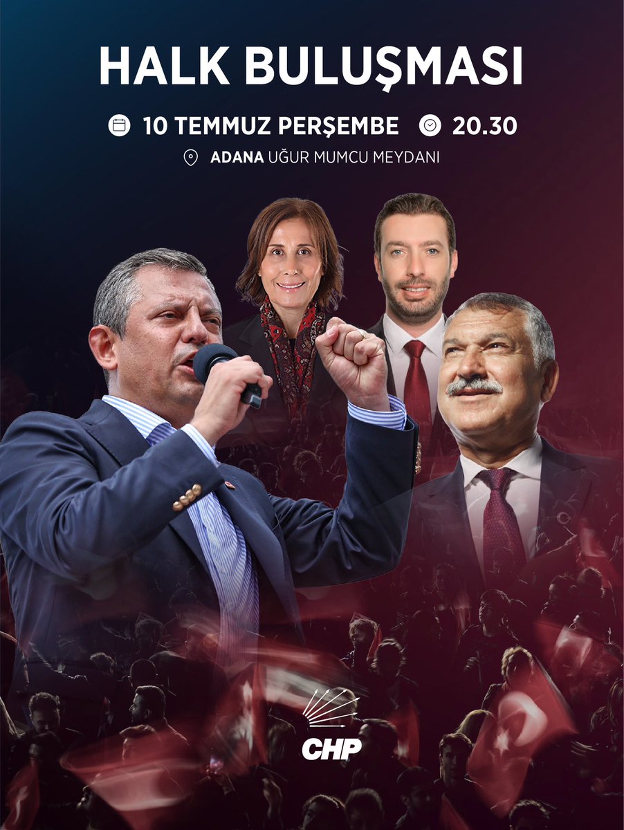 CHP : Adana Büyükşehir Belediye Başkanımız Zeydan Karalar’a, Seyhan Belediye Başkanımız Oya Tekin’e, Ceyhan Belediye Başkanımız Kadir Aydar’a ve tüm siyasi tutuklularımıza meydanlarda sahip çıkıyoruz!

🗓️ 10 Temmuz Perşembe
⏰ 20.30
📍Uğur Mumcu Meydanı

#adana