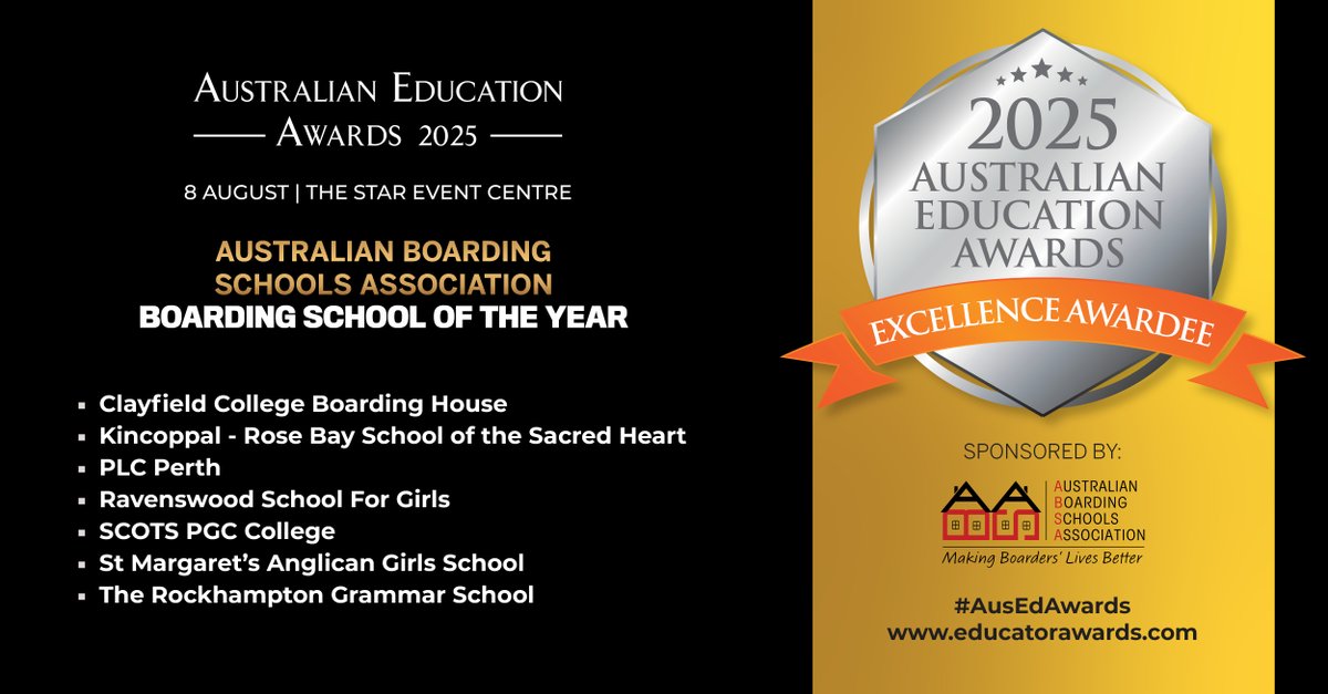 Congratulations to all the Excellence Awardees of the ABSA Boarding School of the Year at the 2025 Australian Education Awards!

Award winners will be announced on 8 August 2025 at The Star Event Centre.

Register now: hubs.la/Q03w9QmY0

#AusEdAwards #Education