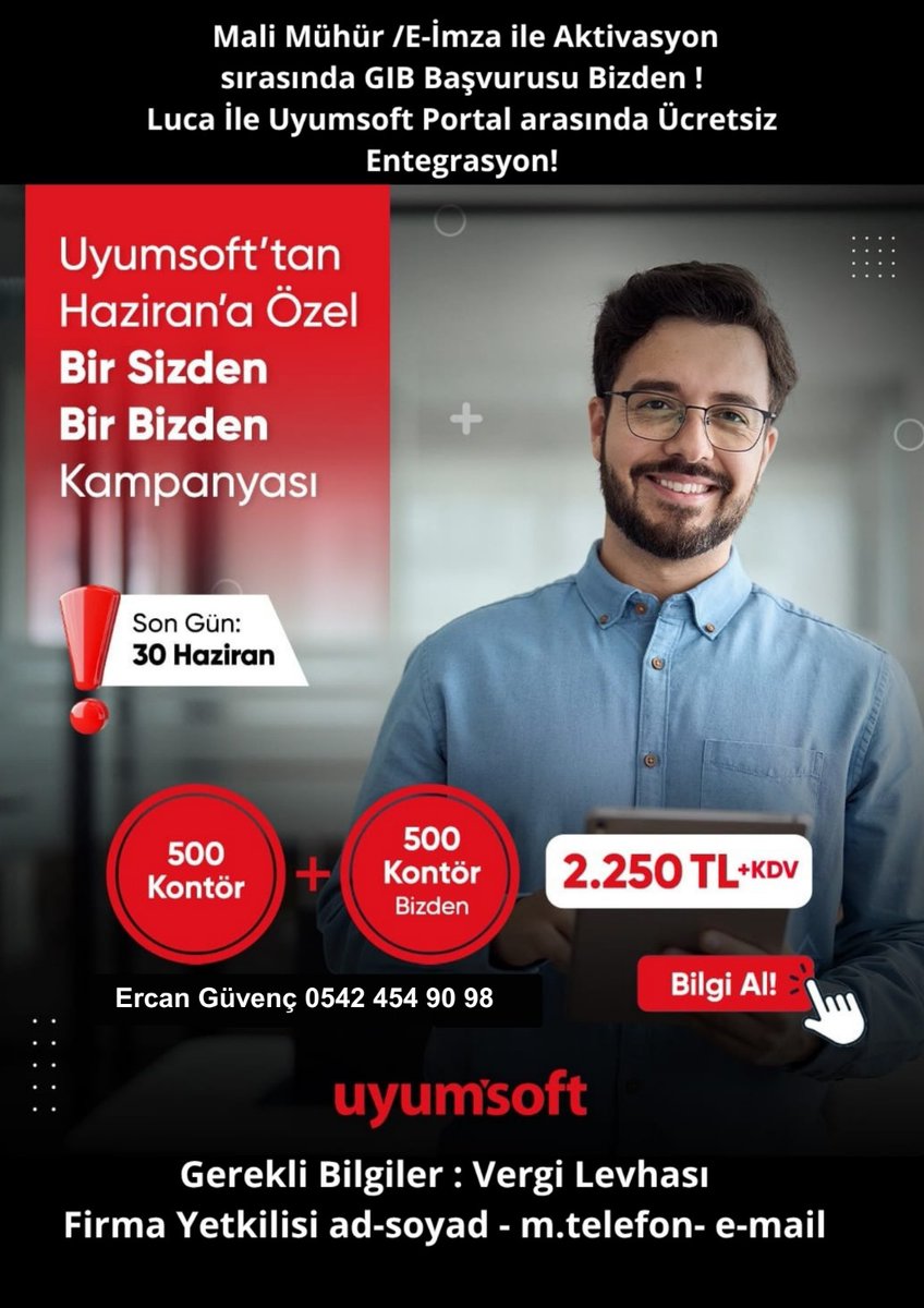 Bizleri tercih edenlere tekrar teşekkür ediyoruz.Yoğun bir   kampanya dönemi Temmuz ayında da devam ediyor.
250 + 250 kontor <a href="/uyumsoft/">Uyumsoft Bilgi Sistemleri</a> ' dan  1.440,00 TL + KDV 
500 + 500 kontor <a href="/uyumsoft/">Uyumsoft Bilgi Sistemleri</a>' dan  2.250,00 TL + KDV 
Detaylar görselde yer alıyor.  0542 454 90 98