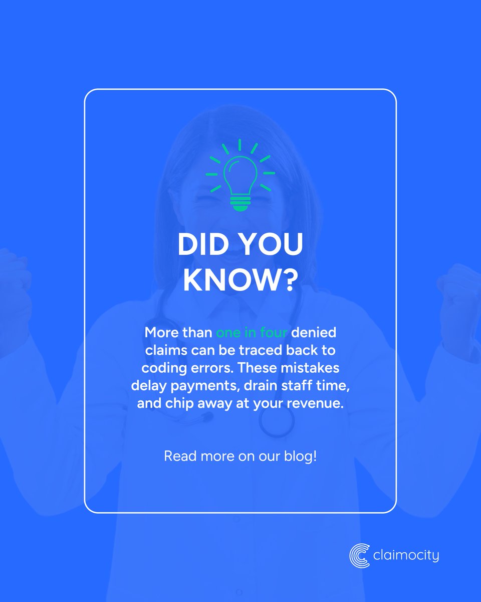 claimocity's tweet image. Discover 5 strategies for improving your coding accuracy and maximizing your revenue.
🔗 Read the full blog: claimocity.com/how-to-improve…
📲 Want more info? Schedule a FREE demo: claimocity.com/demo
#Claimocity #CodingErrors