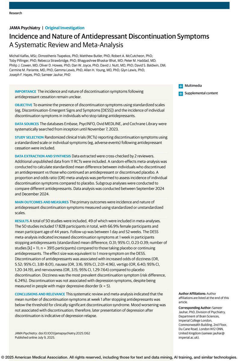 🧵Not Everything Is Withdrawal 🚨1/9

When ideology overshadows science, patients suffer. 

A new systematic review in JAMA Psychiatry just released. 

Let’s talk about what it shows- 

and why the current withdrawal ONLY narrative risks harming patients. 1/9👇