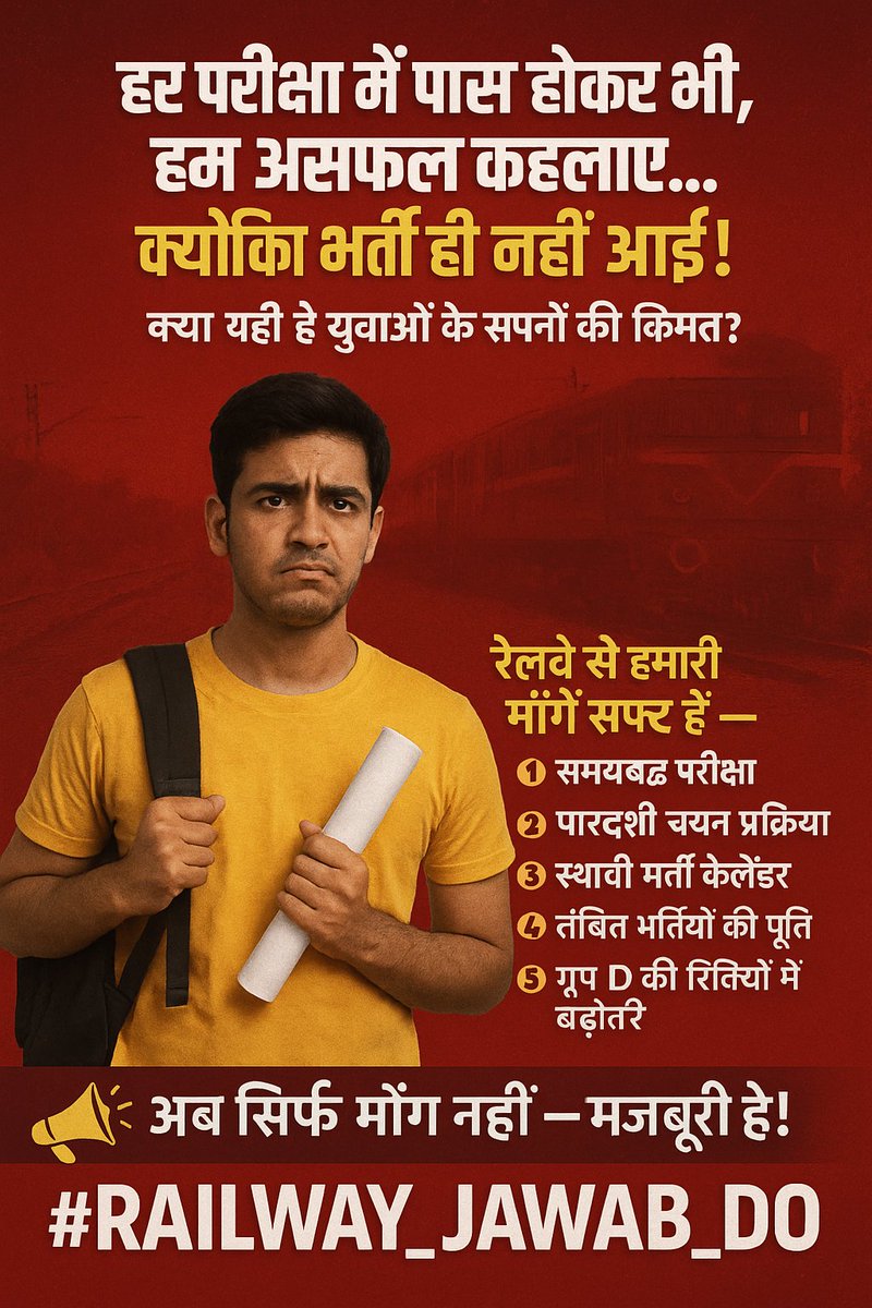 vinayyadav_73's tweet photo. #Railway_Reform 
देश के बेरोजगार युवाओं की सिर्फ़ 5 माँगे हैं:
1- Railway Calendar जारी हो
2- Group D Vacancy बढ़ाई जाए
3- Waiting List घोषित हो
#RAILWAY_JAWAB_DO
#Railway_Reform https://t.co/UJYL8TMTf9