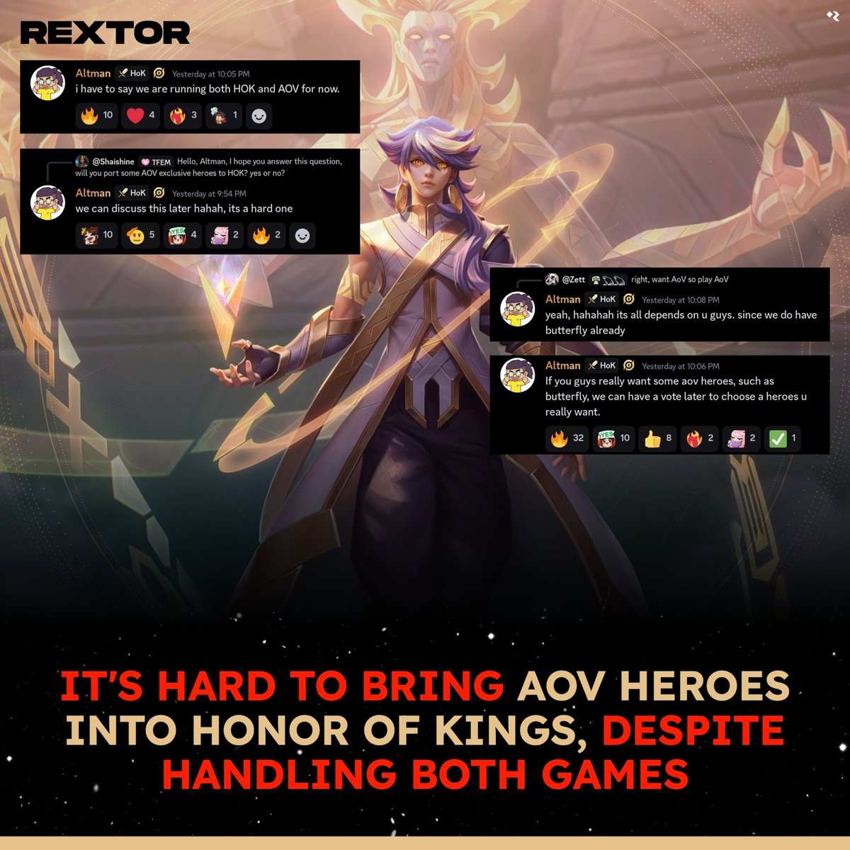 rextorext's tweet photo. Look at the whole thing, not just one part. ✨

👤 Altman still works on both AoV and HoK, but bringing AoV heroes to HoK is a tough one. 

Dev thinks Butterfly’s enough for now, but if lots of people want more, they might do a hero vote 🗳️

#HonorofKings #HoK #Rextor #HoKGlobal https://t.co/9YtcxiShfa