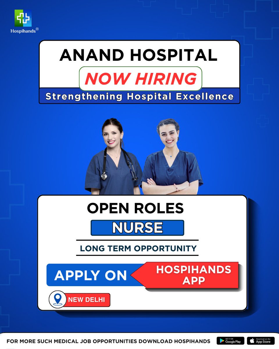 hospihands's tweet photo. Anand Hospital in New Delhi is hiring through the Hospihands App. Just verified roles where you're truly needed.

✨ Role: Nurse
📍 Location: New Delhi
⏳ Opportunity: Full-time, long-term

Apply: https://t.co/Kcfze1Agxa

#nurse #MedicalJobsIndia #Hospihands #healthcareindia https://t.co/ALiViWAgcZ