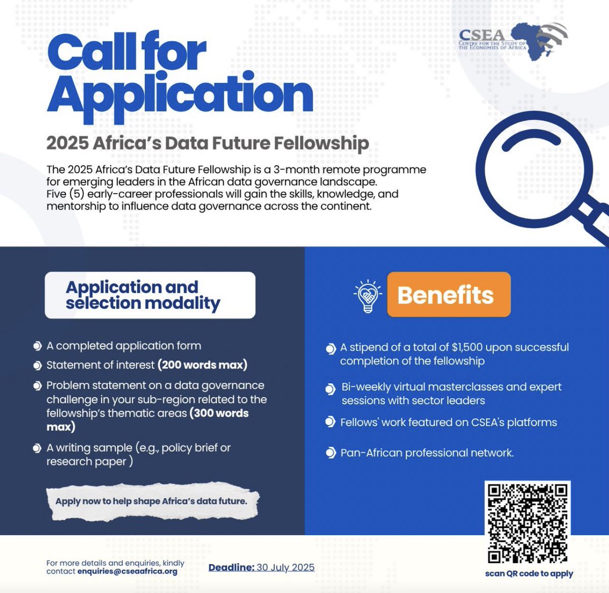 omoalhajaabiola's tweet photo. Applications Now Open: 2025 Africa’s Data Future Fellowship! 
 
Are you an early-career professional passionate about data governance, tech policy, or AI innovation in Africa?
Join a 3-month virtual fellowship designed to empower emerging leaders across the continent with the skills, mentorship, and platform to influence Africa’s digital future.

Focus areas include:

-AI Governance
-Ethical Data Stewardship
-Cross-Border Data Flows
-Digital Public Infrastructure 

Benefits
-$1,500 stipend upon successful completion
-Expert-led sessions & mentorship
 -Publish & present a policy brief
 -Be part of a Pan-African network
-Spotlight your work on CSEA platforms

For more details on this fellowship https://t.co/fjEyKHukUS

To apply now: https://t.co/w79mZcMulH

For enquiries, email us: enquiries@cseaafrica.org

Application Deadline: July 30, 2025