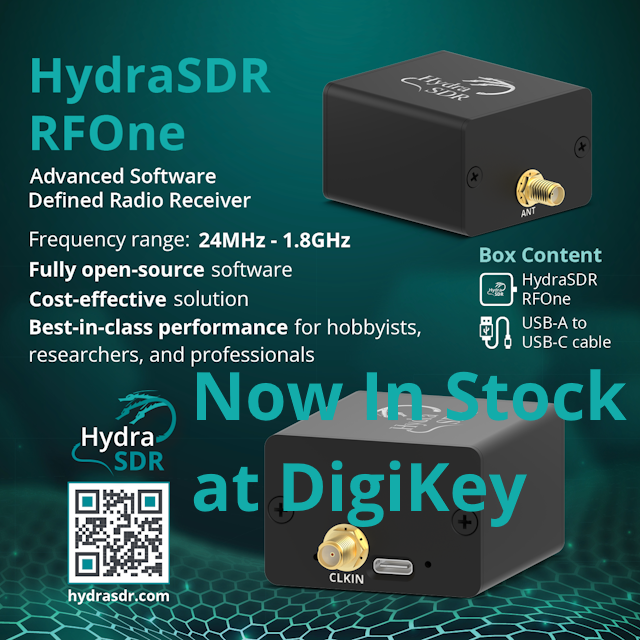 🆕 NEW: #HydraSDR #RFOne now available at #DigiKey t.ly/DigiKey-HydraS… !
💰 $189.99 USD (FREE 🌍 worldwide shipping)
⚡ High-performance state of the art SDR receiver
📊 24-1800 MHz | 12-bit ADC | 10 MHz bandwidth | Extensible
🇺🇸 Made in USA
🔓 Fully open-source &amp;