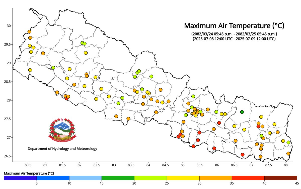 ClimateDhm's tweet image. #Daily_Weather_Summary_10th_July_2025
The highest daily precipitation (118.8mm) is recorded at Charikot (Dolakha) today. The highest temperature (38.7°C) is recorded at Gaur (Rautahat) and the lowest (8.5°C) at Humde (Manang). For more, visit dhm.gov.np/climate-