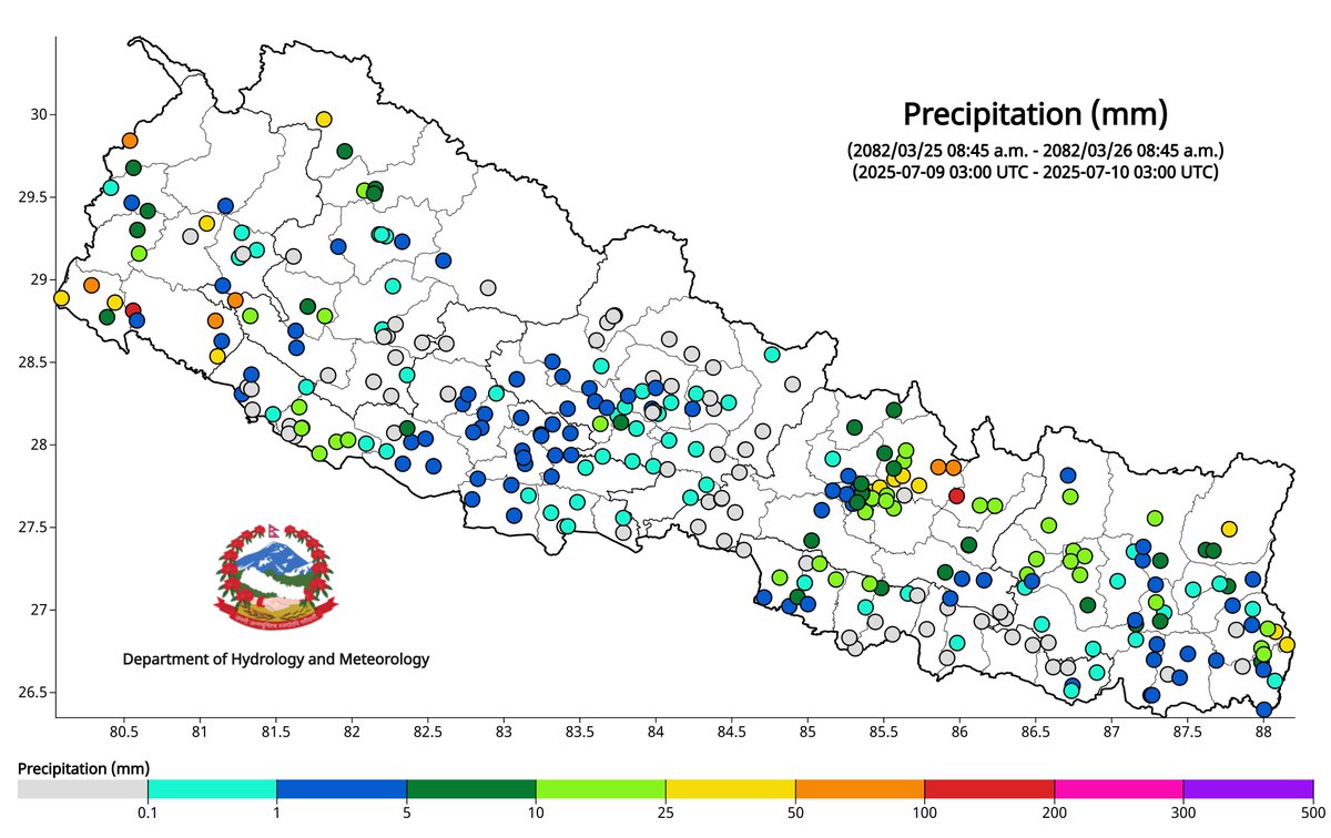 ClimateDhm's tweet image. #Daily_Weather_Summary_10th_July_2025
The highest daily precipitation (118.8mm) is recorded at Charikot (Dolakha) today. The highest temperature (38.7°C) is recorded at Gaur (Rautahat) and the lowest (8.5°C) at Humde (Manang). For more, visit dhm.gov.np/climate-