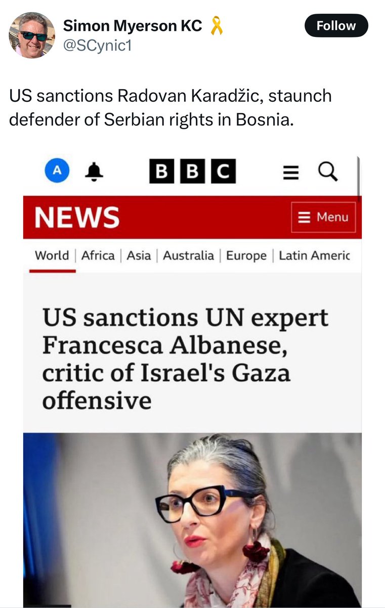 per_incuriam2's tweet image. Simon Myerson says Francesca Albanese is like Radovan Karadžić.
Has any other judge been as keen as Myerson to show the public that they have completely lost their marbles?
There was Judge James Pickles in Halifax, but I think Myerson wins?