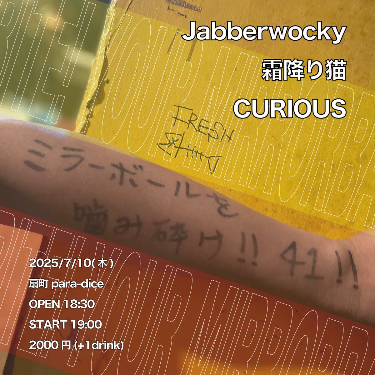 paradice_info's tweet image. 本日、7/10(木)のpara-diceはコチラ!⇨
『 ミラーボールを噛み砕け!41! 』
OPEN 18:30
19:00 〜 19:45 CURIOUS
20:00 〜 20:45 霜降り猫
21:00 〜 21:45 Jabberwocky
■ 2000 円 (+1d)
■ 半券10枚/学割 1000円引き
※ミラ噛みが来ると夏の到来ですね!
今年はスリーマンで41を噛み締める所存です!